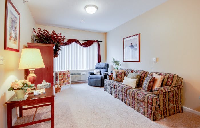 A cozy living room with a patterned sofa, armchair, lamp, and decorative curtains.