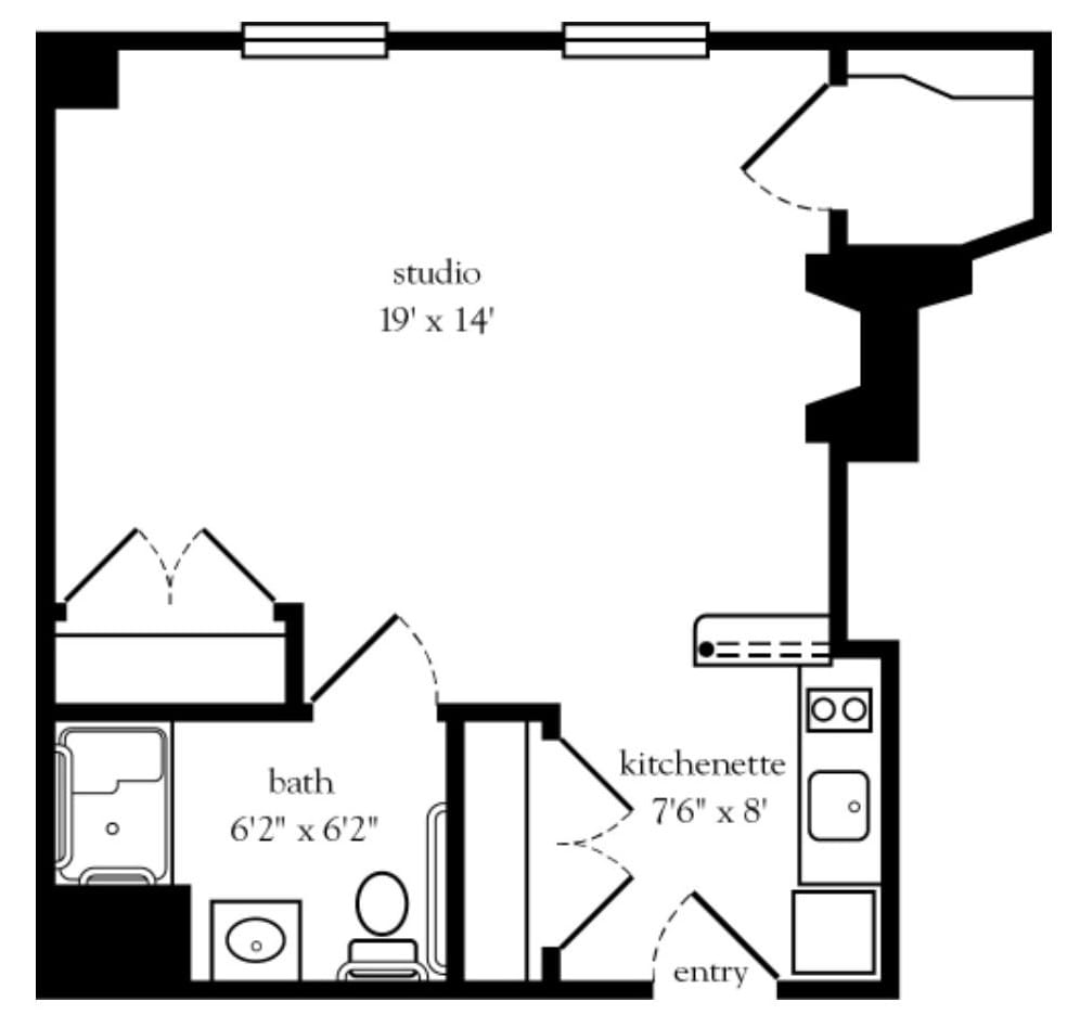 A floor plan of a studio apartment with specified dimensions for each area.