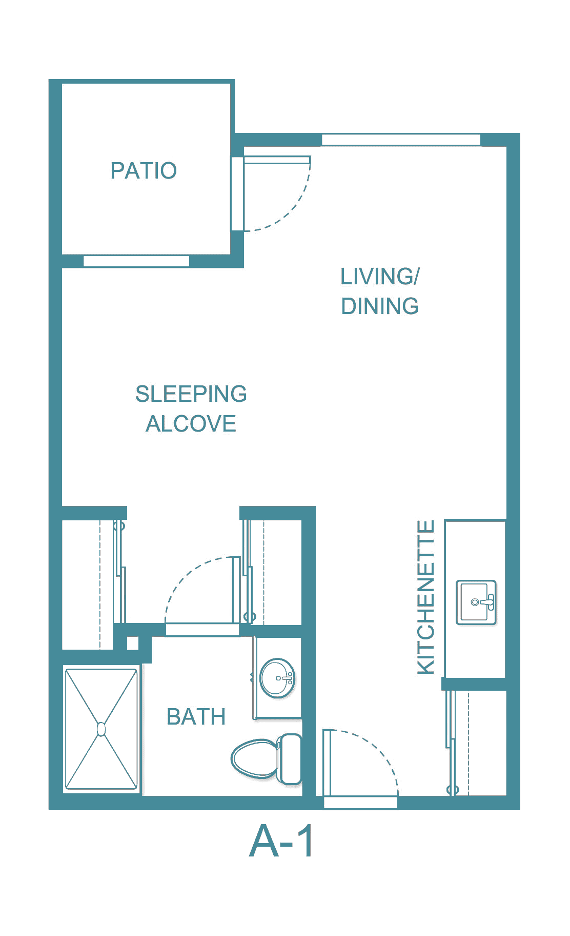 Studio apartment floor plan with living/dining area, sleeping alcove, kitchenette, and bath.