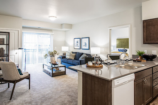 A stylish and modern living room featuring a comfortable blue sofa, elegant decor, and ample natural light.