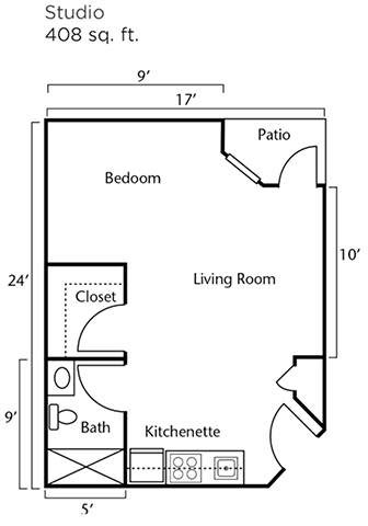 A simple floor plan of an apartment featuring a bedroom, living room, kitchenette, bathroom, and patio.