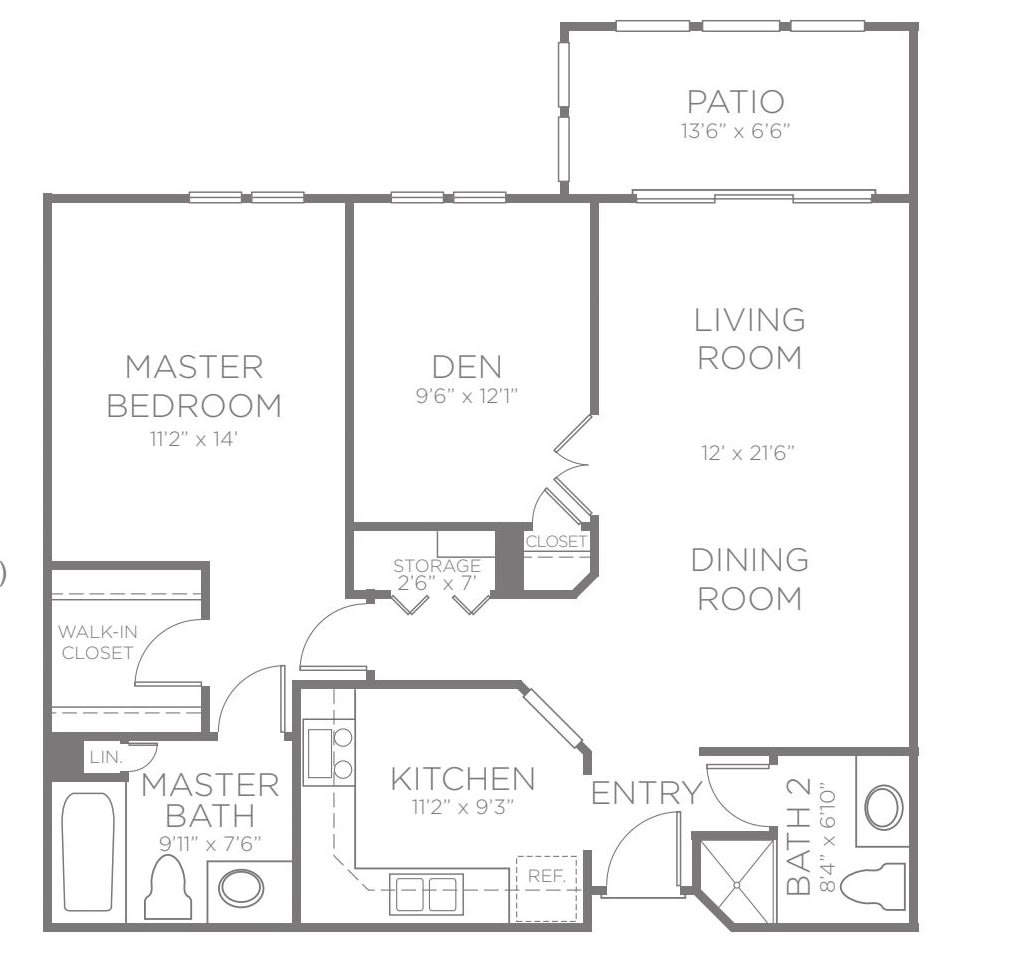 A floor plan of an apartment featuring a master bedroom, den, living room, dining room, kitchen, and two bathrooms.
