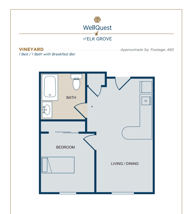 Floor plan of a one-bedroom apartment with designated areas for a bathroom, bedroom, living room, and kitchen.