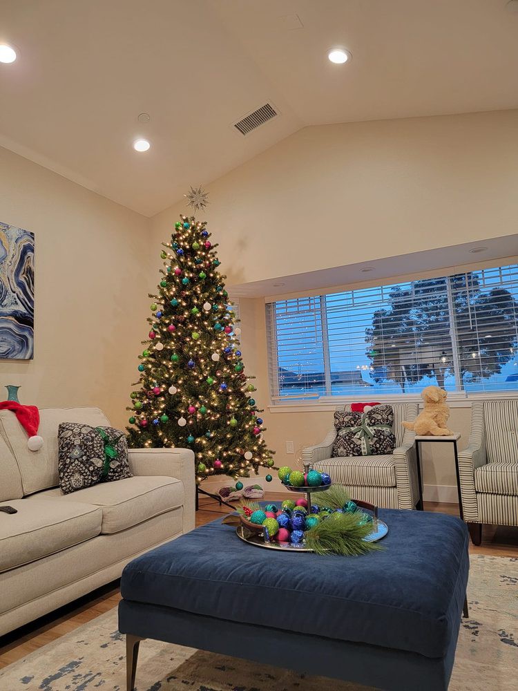 A cozy living room decorated with a tall, beautifully lit Christmas tree and comfortable furnishings, creating a festive holiday atmosphere.
