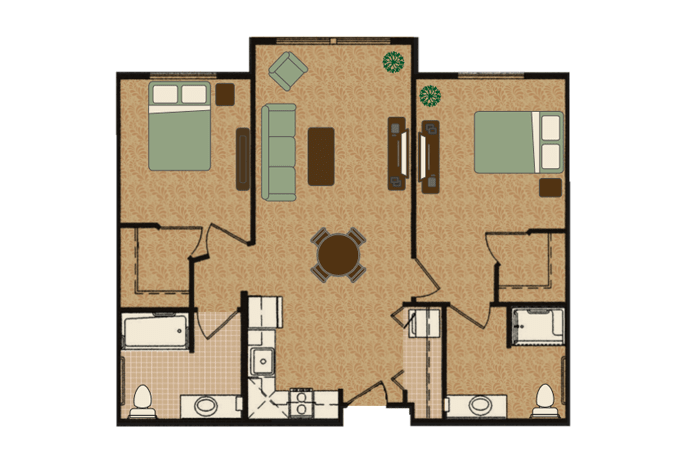 A floor plan of a two-bedroom apartment with a central living area and kitchen, including two bathrooms.