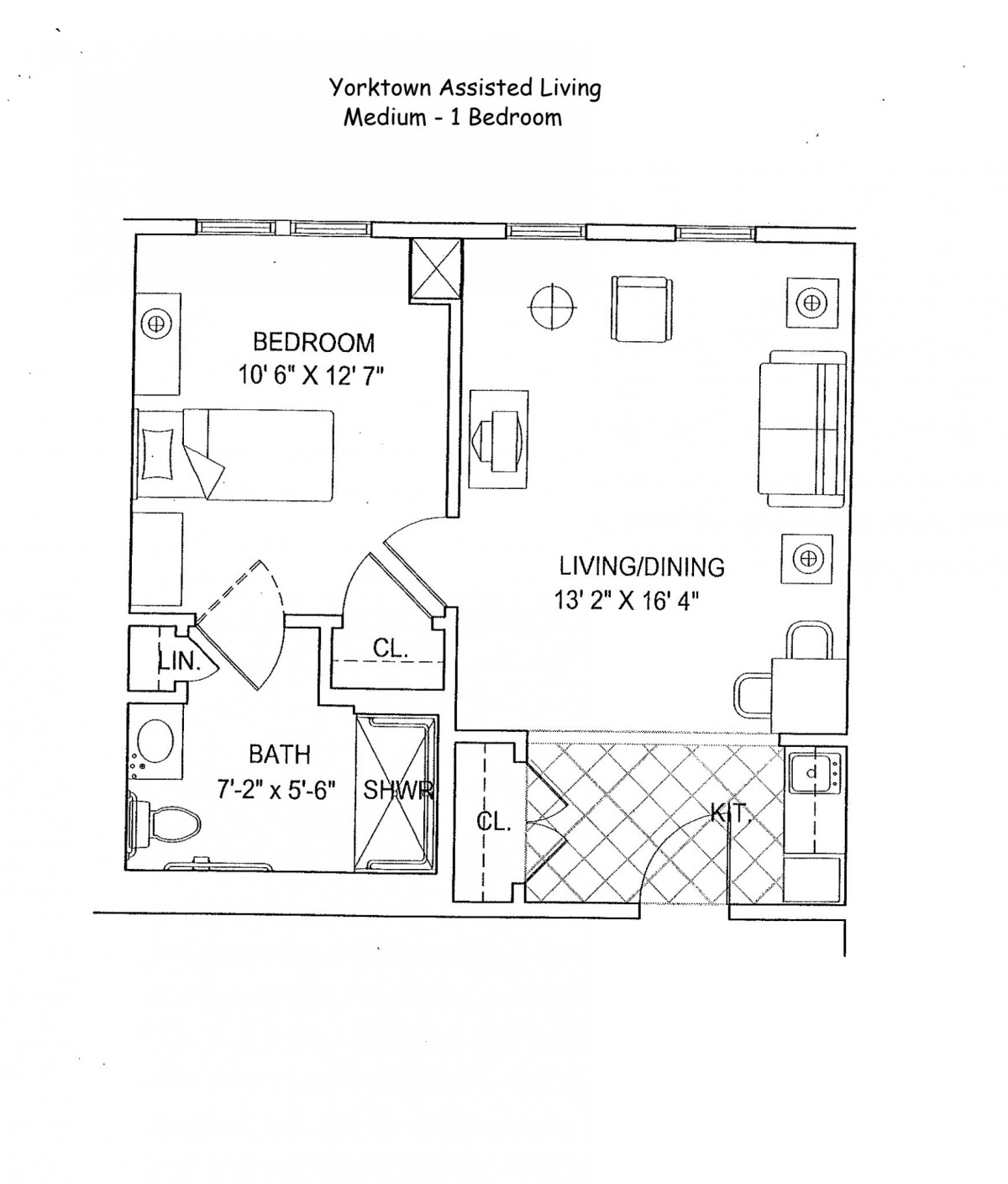 Medium-sized 1-bedroom apartment floor plan.