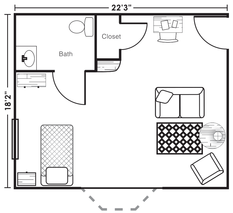 A floor plan of a studio apartment featuring a bathroom, closet, bed, and living area with furniture.