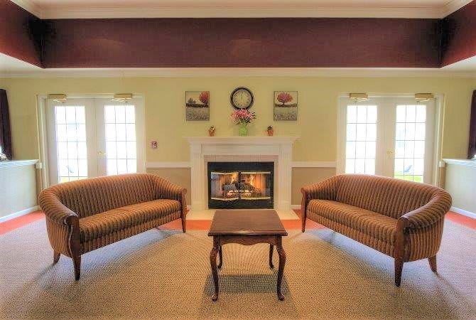 Cozy living room with a fireplace, sofas, and elegant decor.
