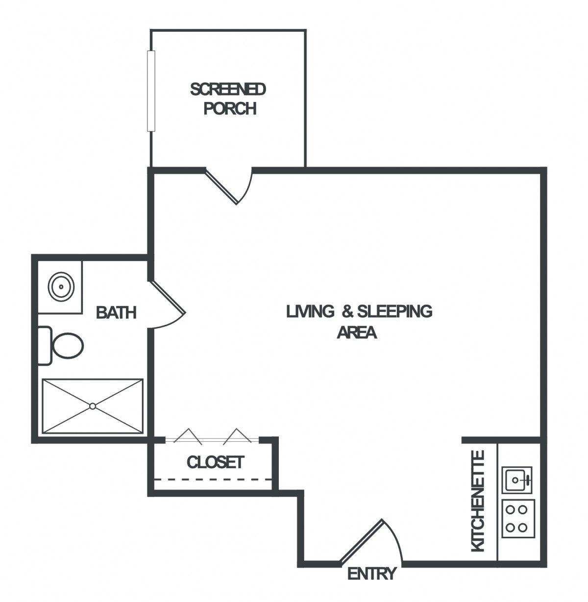 Studio apartment floor plan featuring a living and sleeping area, bathroom, closet, kitchenette, and screened porch.