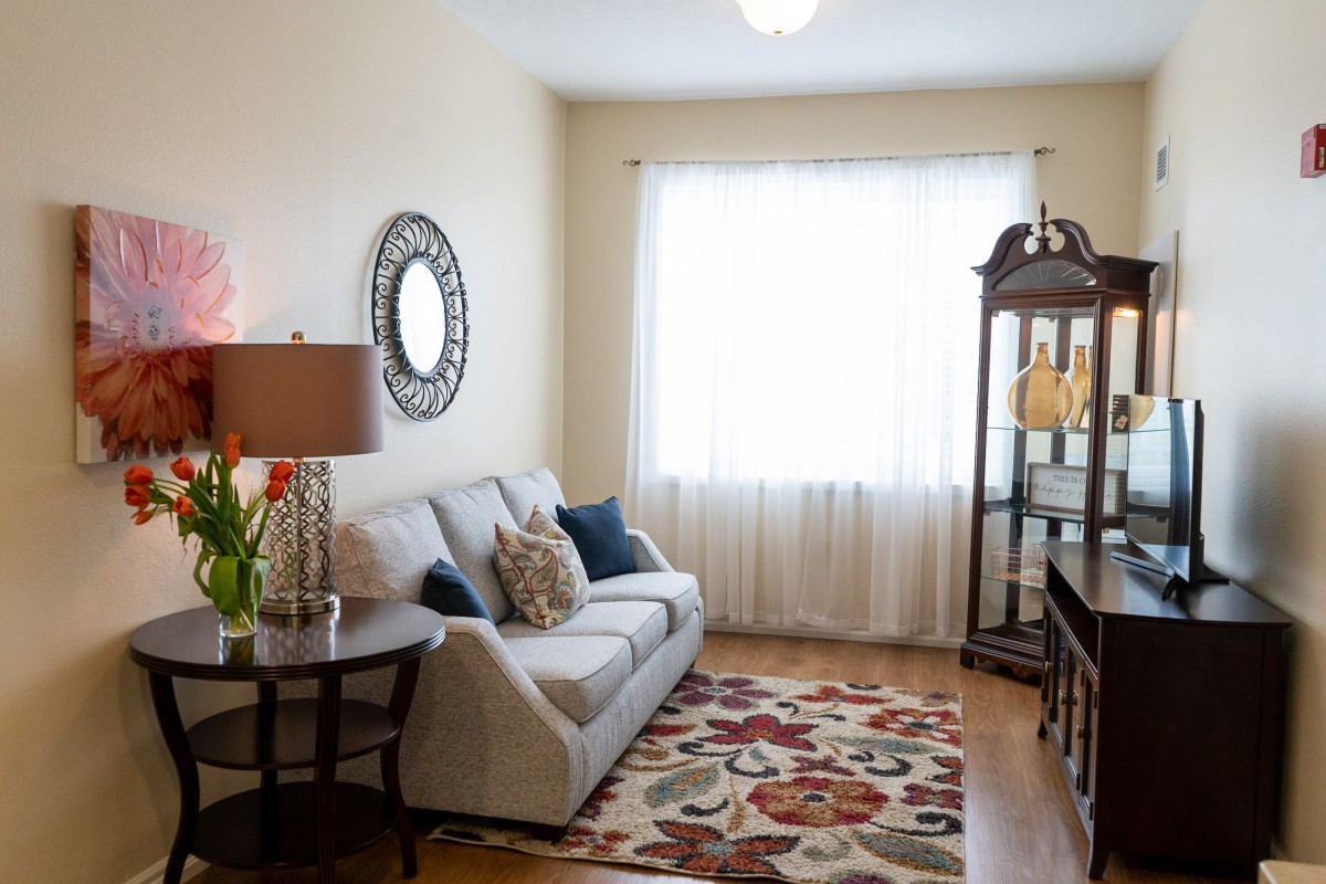 A cozy and decorated living room featuring a sofa, colorful rug, and a sunlit window.