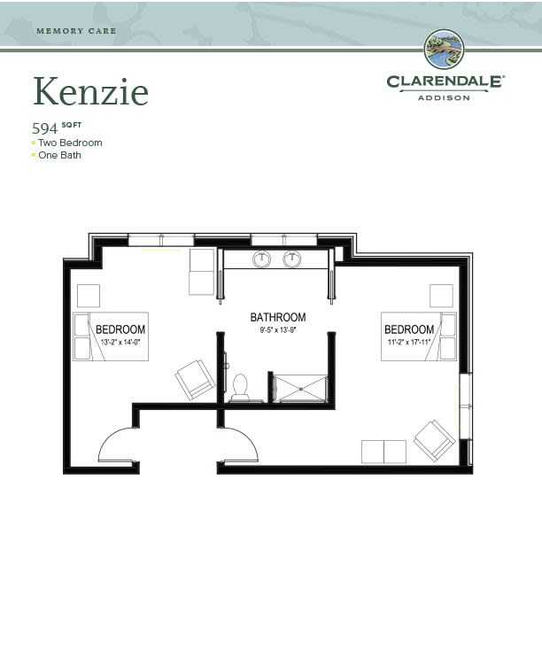 A floor plan for a two-bedroom apartment labeled 'Kenzie' from Clareville Designs.