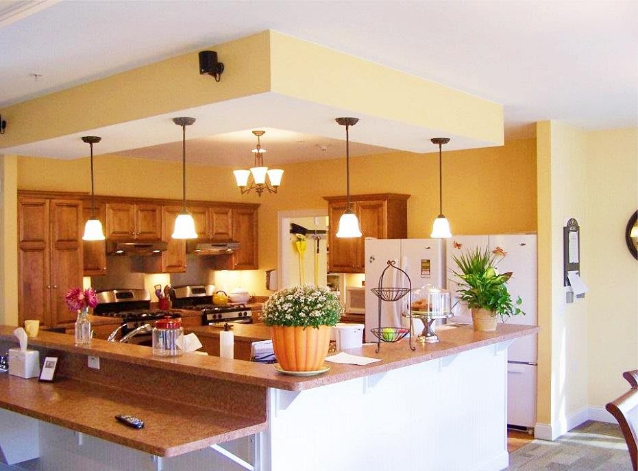 A cozy kitchen featuring wooden cabinets, pendant lighting, and decorative plants.