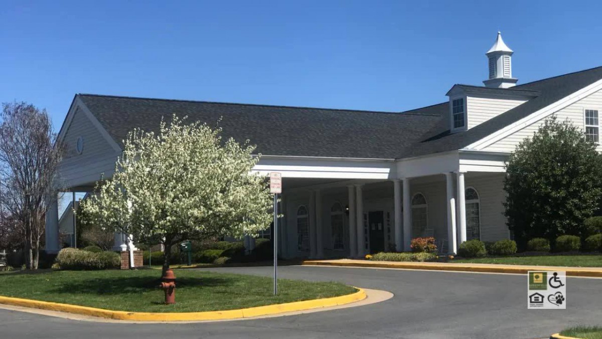A sunny day view of a building entrance with landscaping.