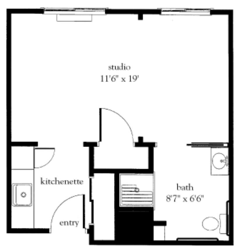 A floor plan of a studio apartment featuring a main room, kitchen, entry area, and bathroom.