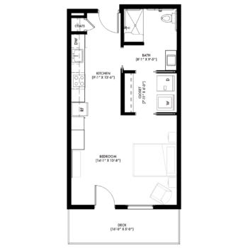 A floor plan of a one-bedroom apartment layout.