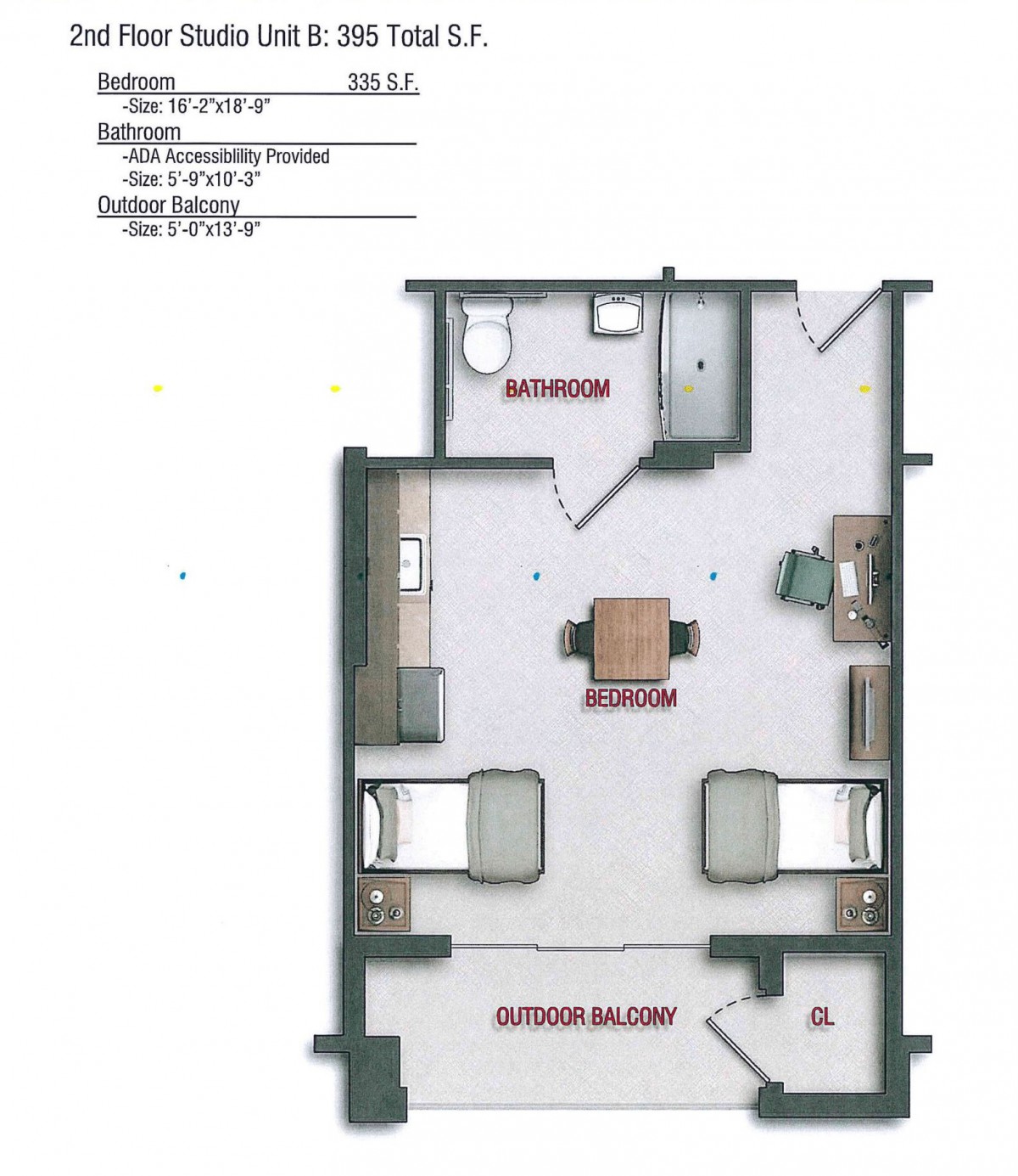 A detailed floor plan of a two-bedroom apartment with a living area, kitchen, bathroom, and outdoor balcony.