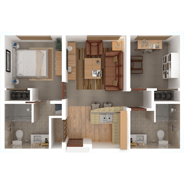A detailed floor plan of a two-bedroom apartment with separate bathrooms and a shared living area.