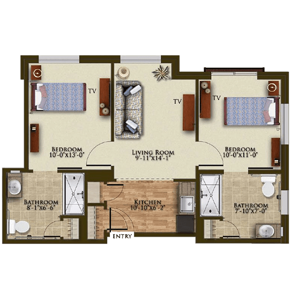 A detailed floor plan of a two-bedroom apartment with a living room, kitchen, and bathroom.