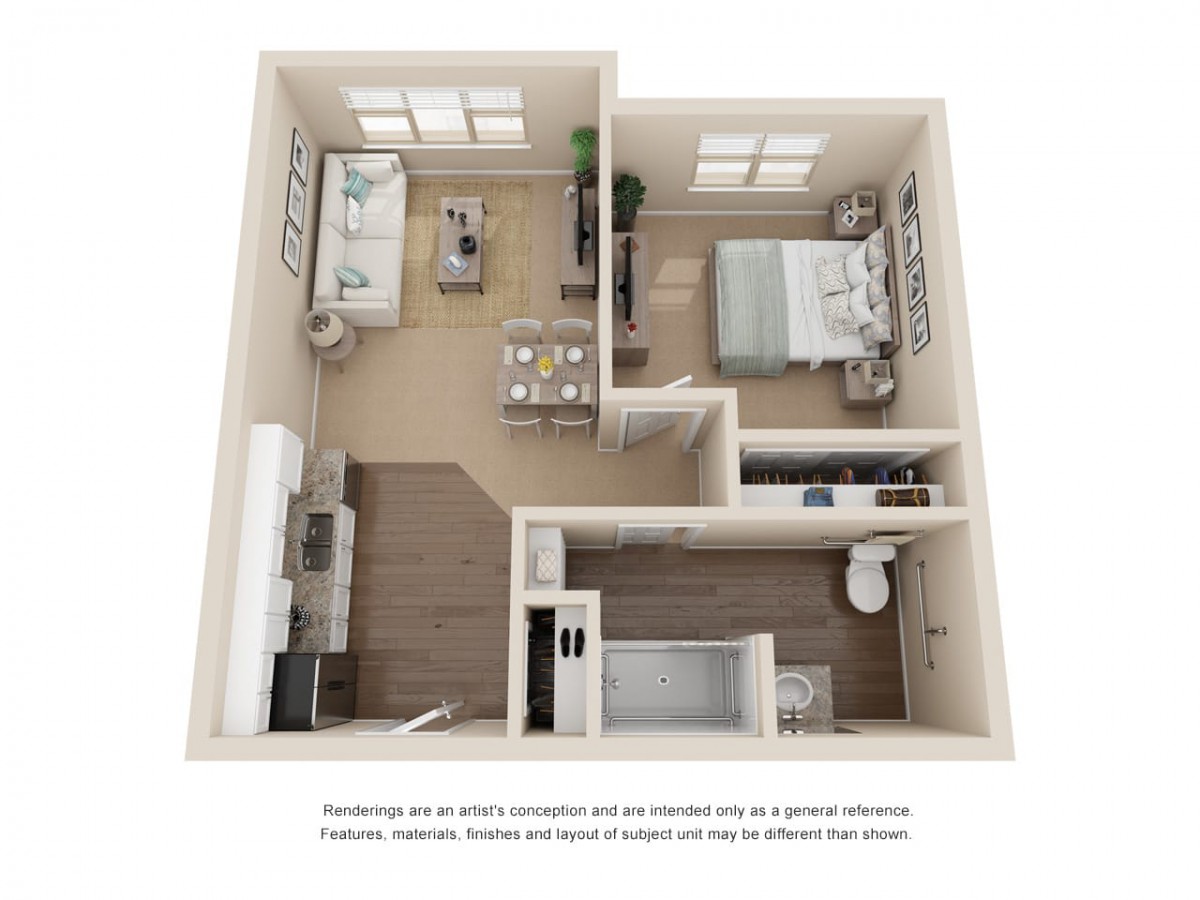 A 3D rendering of a one-bedroom apartment layout featuring a kitchen, living room, bathroom, and bedroom.