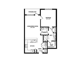 A simple one-bedroom apartment floor plan with a kitchen, bathroom, and living area.