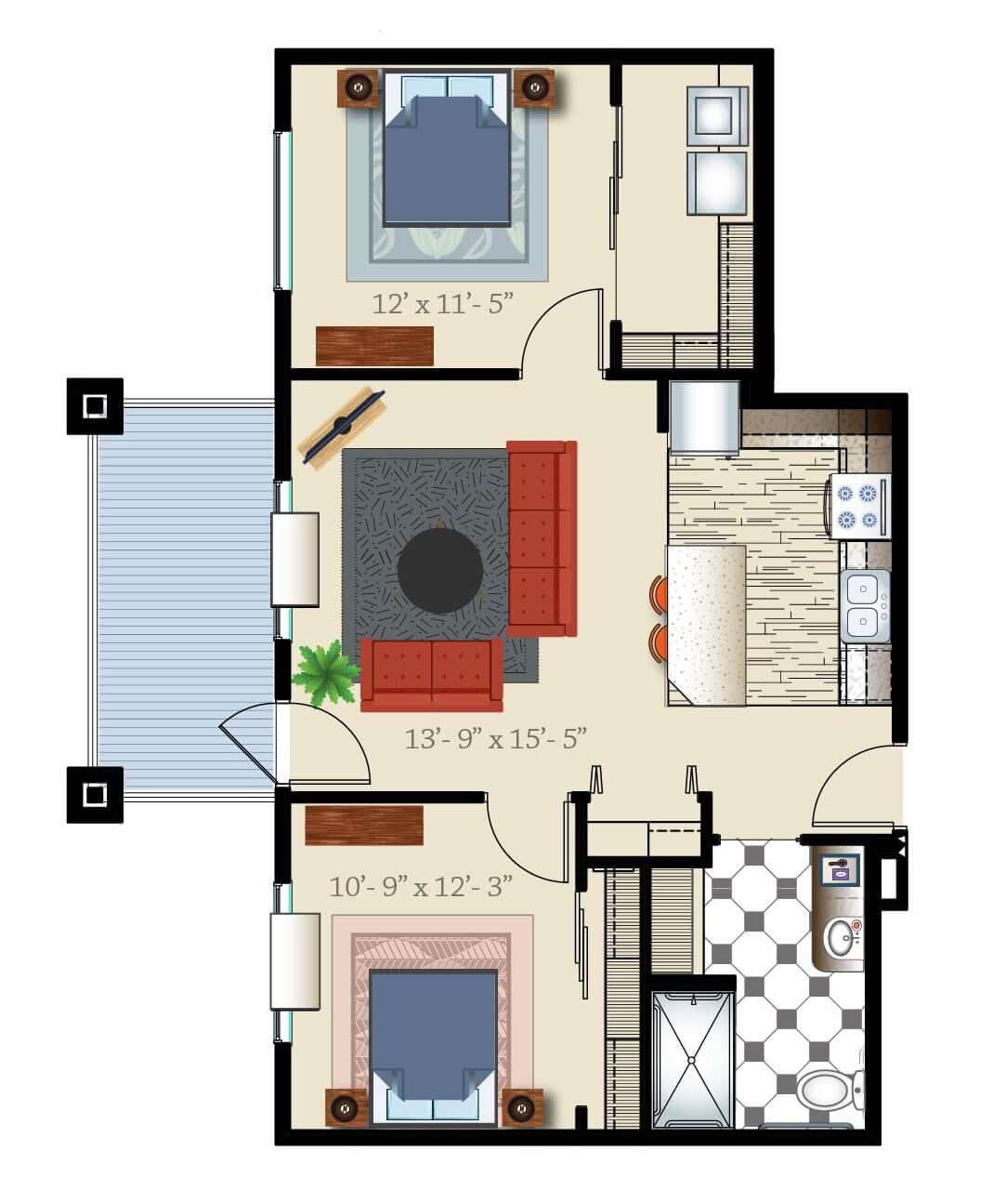 A detailed floor plan of a two-bedroom apartment with labeled rooms and furniture layout.