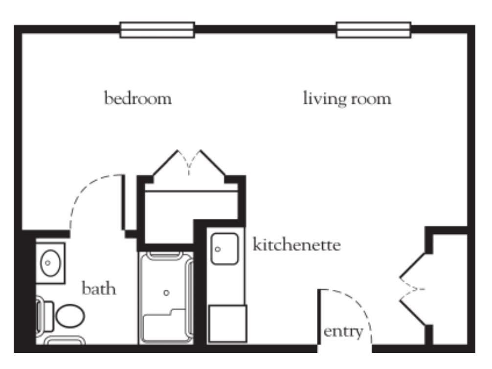 A floor plan of an apartment featuring a bedroom, living room, bathroom, kitchenette, and entry area.