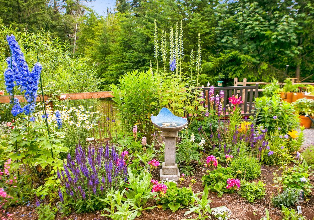 A vibrant garden with a variety of colorful flowers surrounding a birdbath.