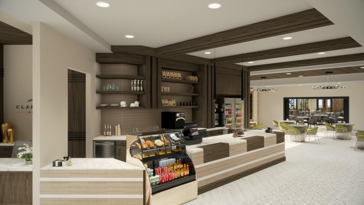 Modern caf interior with a sleek counter and well-organized shelves.