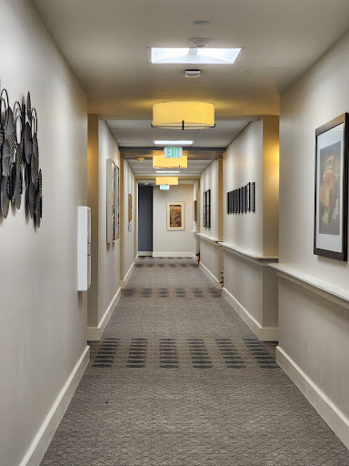 A well-lit hallway featuring artwork along the walls, with modern fixtures and carpeting.