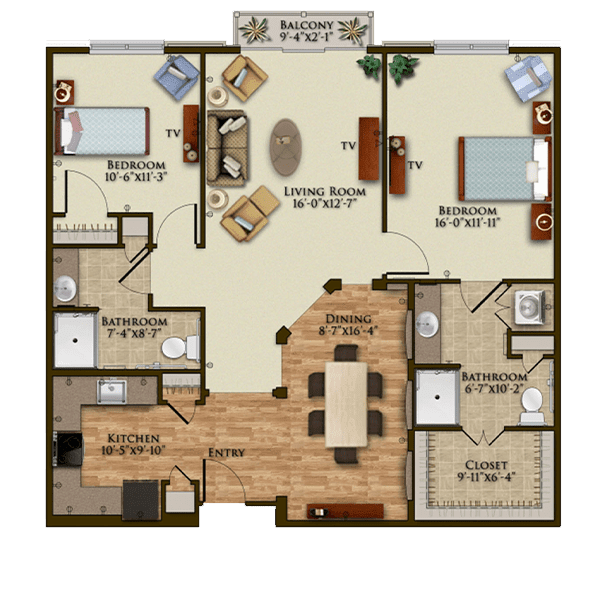 An apartment floor plan showcasing a spacious living area, two bedrooms, two bathrooms, and a kitchen.