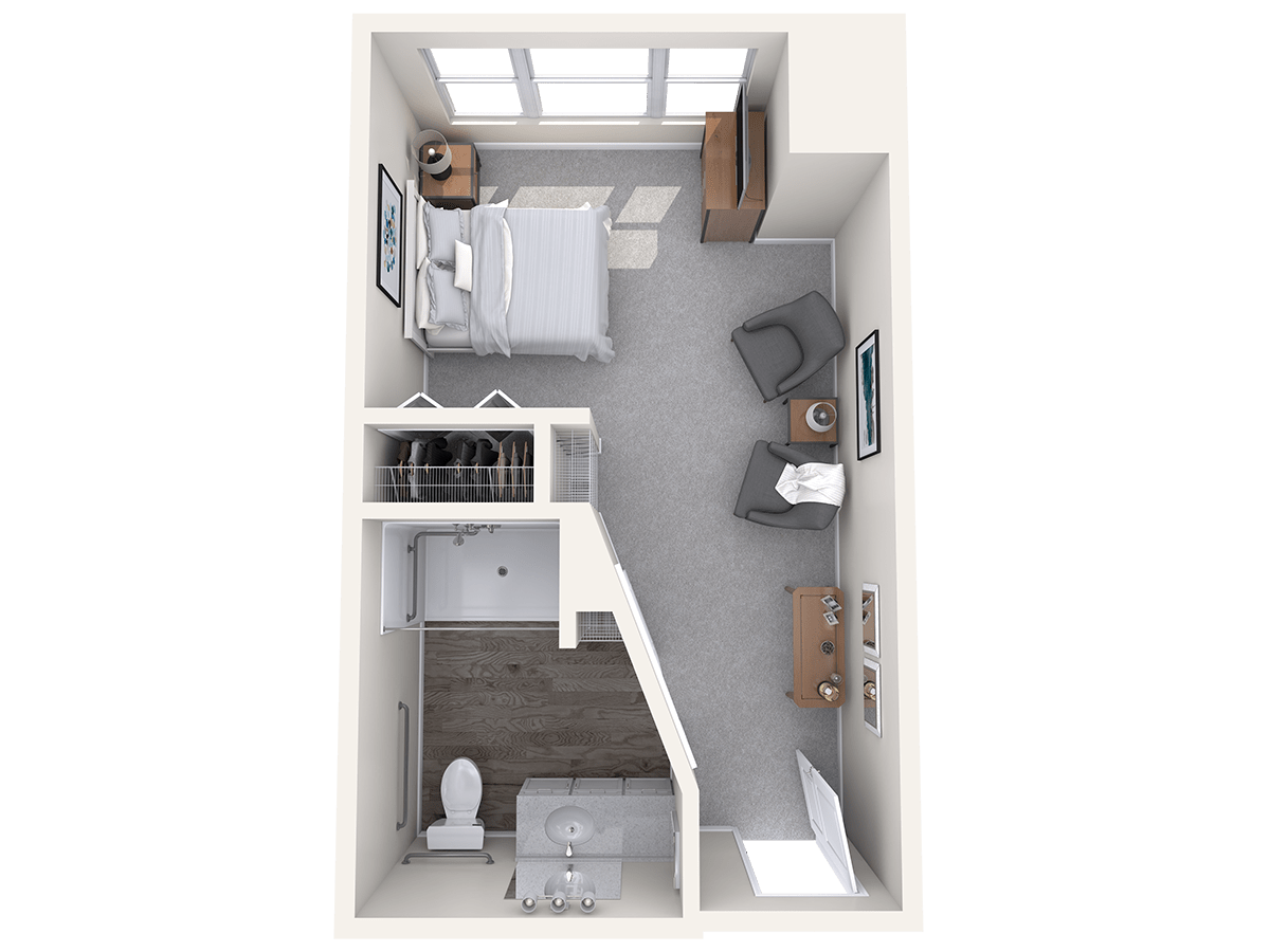 3D floor plan of a compact studio apartment with distinct living and sleeping areas.
