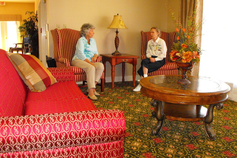 Two people having a conversation in a cozy living room setting.