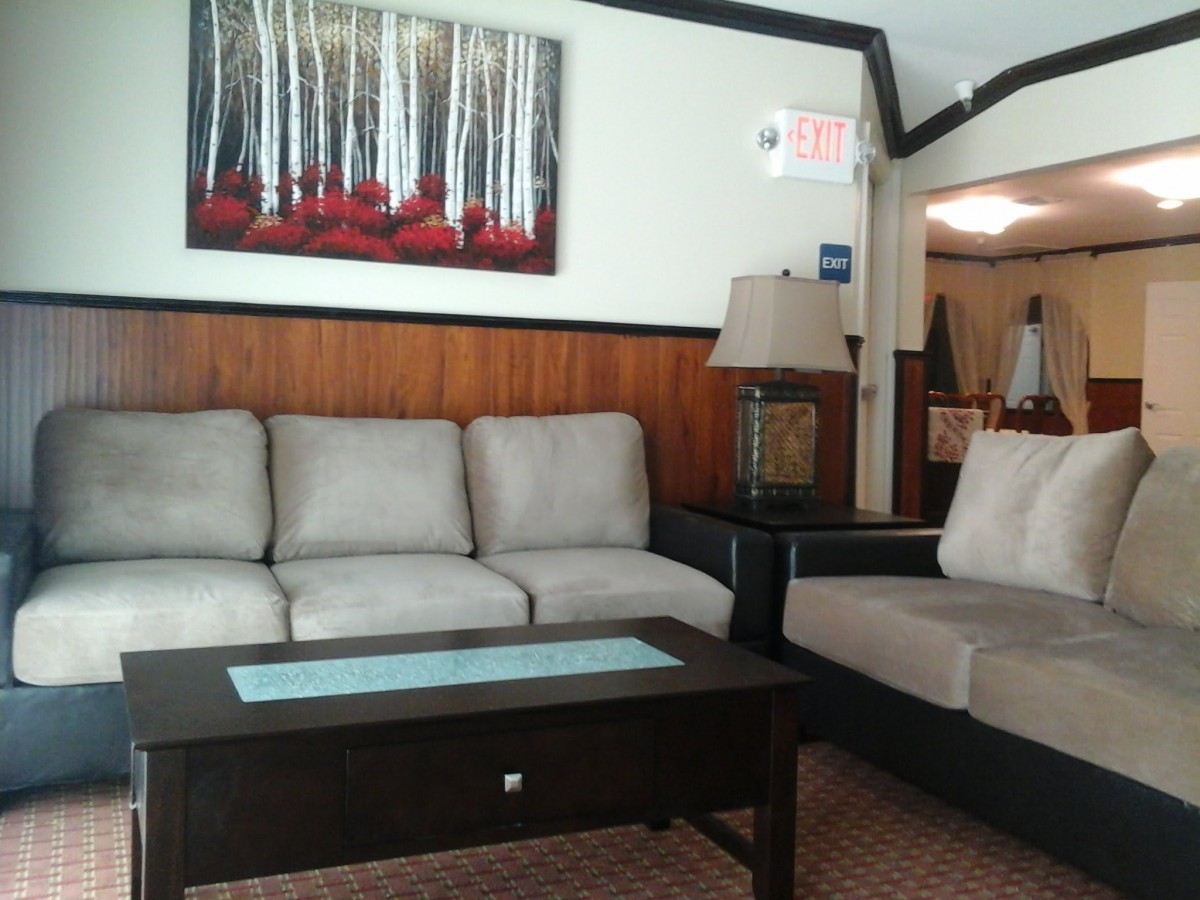 A cozy living room with sofas, a coffee table, and artwork on the wall.