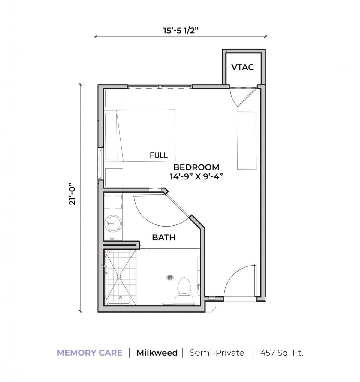Studio apartment floor plan with detailed room dimensions.