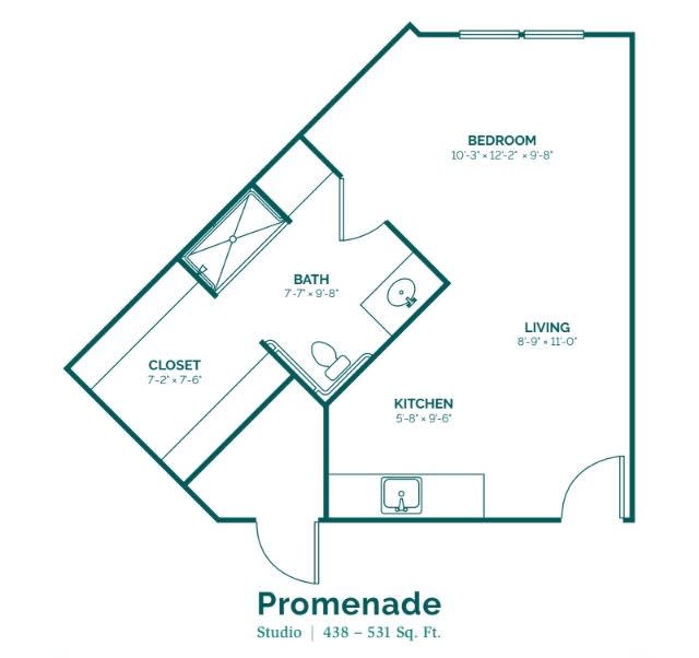A floor plan for a studio apartment labeled 'Promenade' with an area of 600-614 square feet.