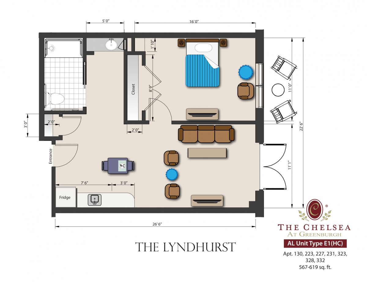 Floor plan of 'The Lyndhurst' apartment layout including bedroom, living area, and kitchen.