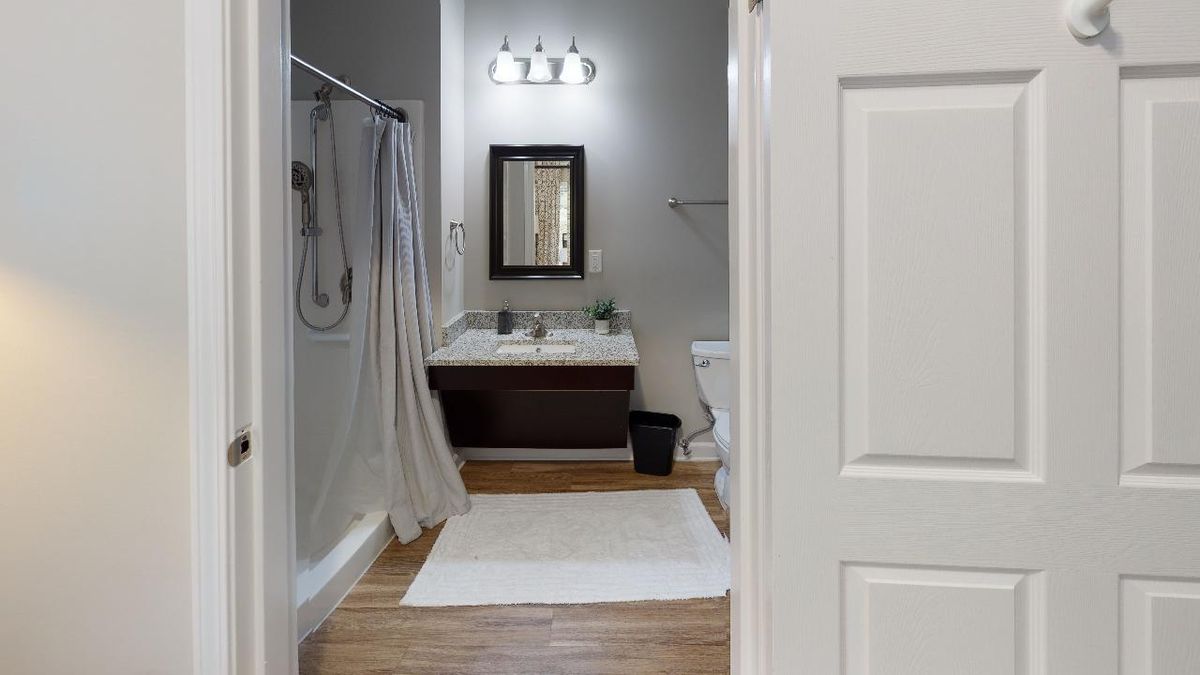 A modern bathroom with a sleek sink and a large mirror, featuring a shower area with a curtain and wooden flooring.