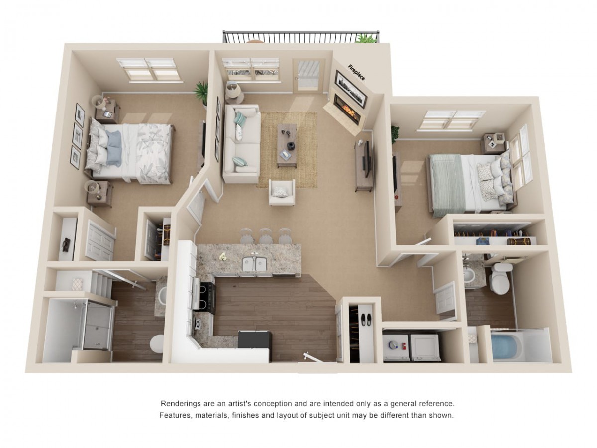 This is a 3D floor plan of a two-bedroom apartment featuring an open living area, kitchen, and bathrooms.