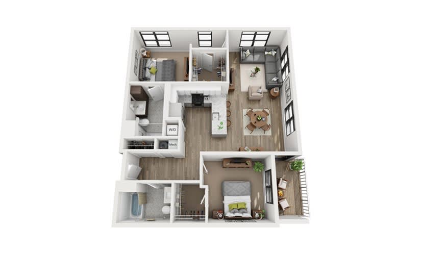 A 3D floor plan of a modern two-bedroom apartment featuring a spacious kitchen, living room, and bathroom.