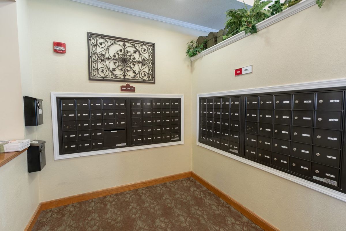 A neatly organized mailroom with rows of black metal mailboxes and decorative wall elements.
