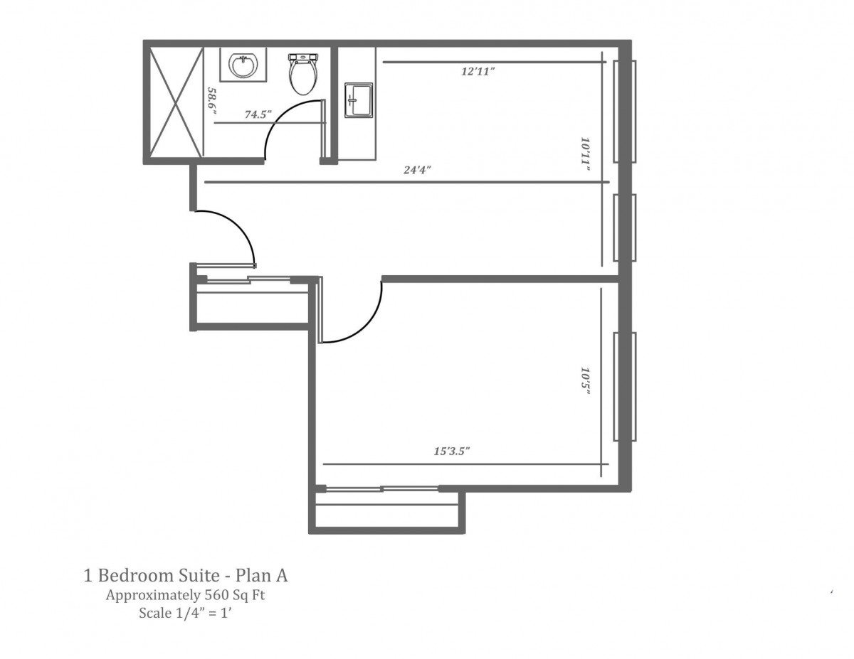 A floor plan of a one-bedroom studio apartment.