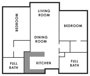 A floor plan illustration showing the arrangement of rooms including two bedrooms, a living room, dining room, kitchen, and two full bathrooms.