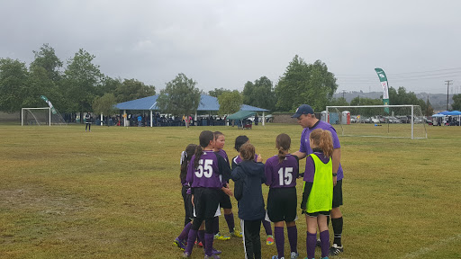 A youth soccer team gathers for a coaching session on a cloudy day.