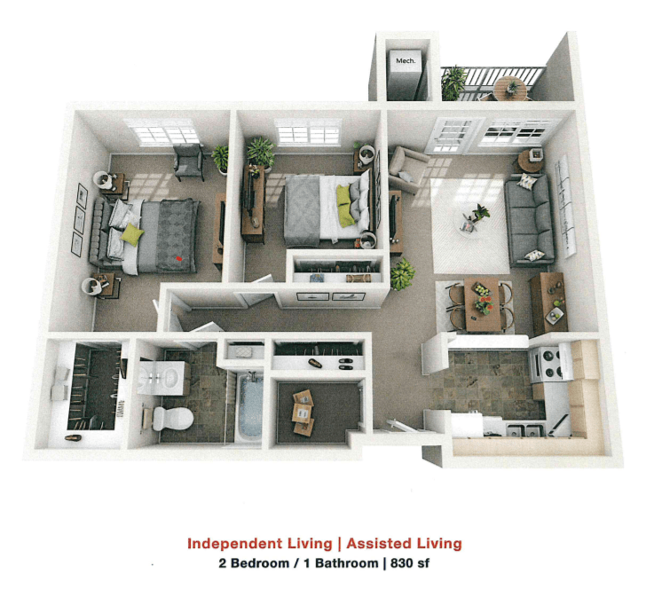 A detailed floor plan of a two-bedroom, one-bathroom apartment designed for independent and assisted living.