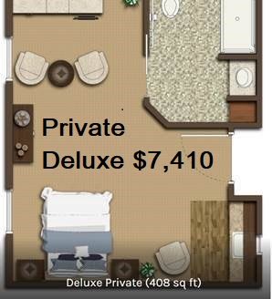 Floor plan of a Private Deluxe room priced at $7,410.