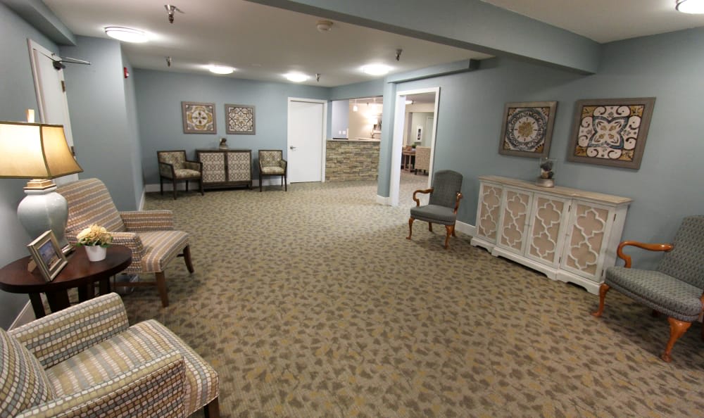 A spacious lobby area with comfortable seating and tasteful decor.