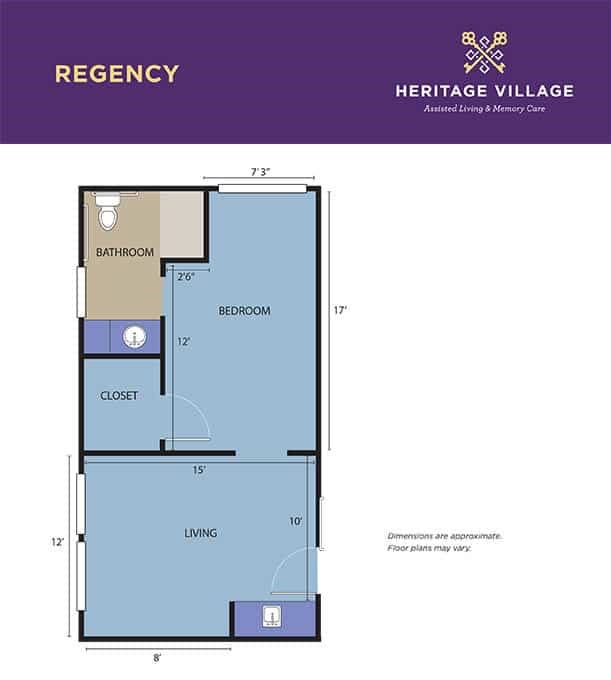 A floor plan for a Regency one-bedroom apartment in Heritage Village.