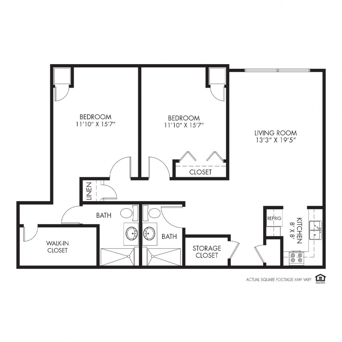 Two-bedroom apartment floor plan with labeled rooms and dimensions.