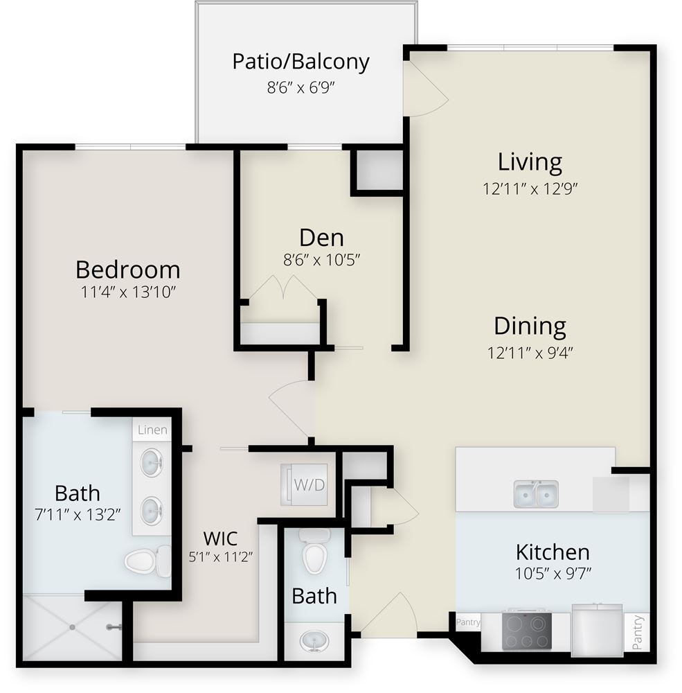 A floor plan illustrating a one-bedroom apartment with a den, two bathrooms, a kitchen, dining area, living room, and patio/balcony.