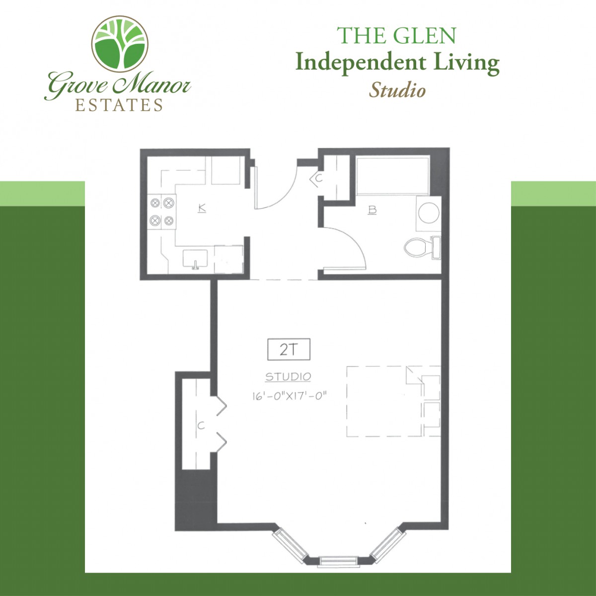 Floor plan of The Glen Independent Living studio apartment.